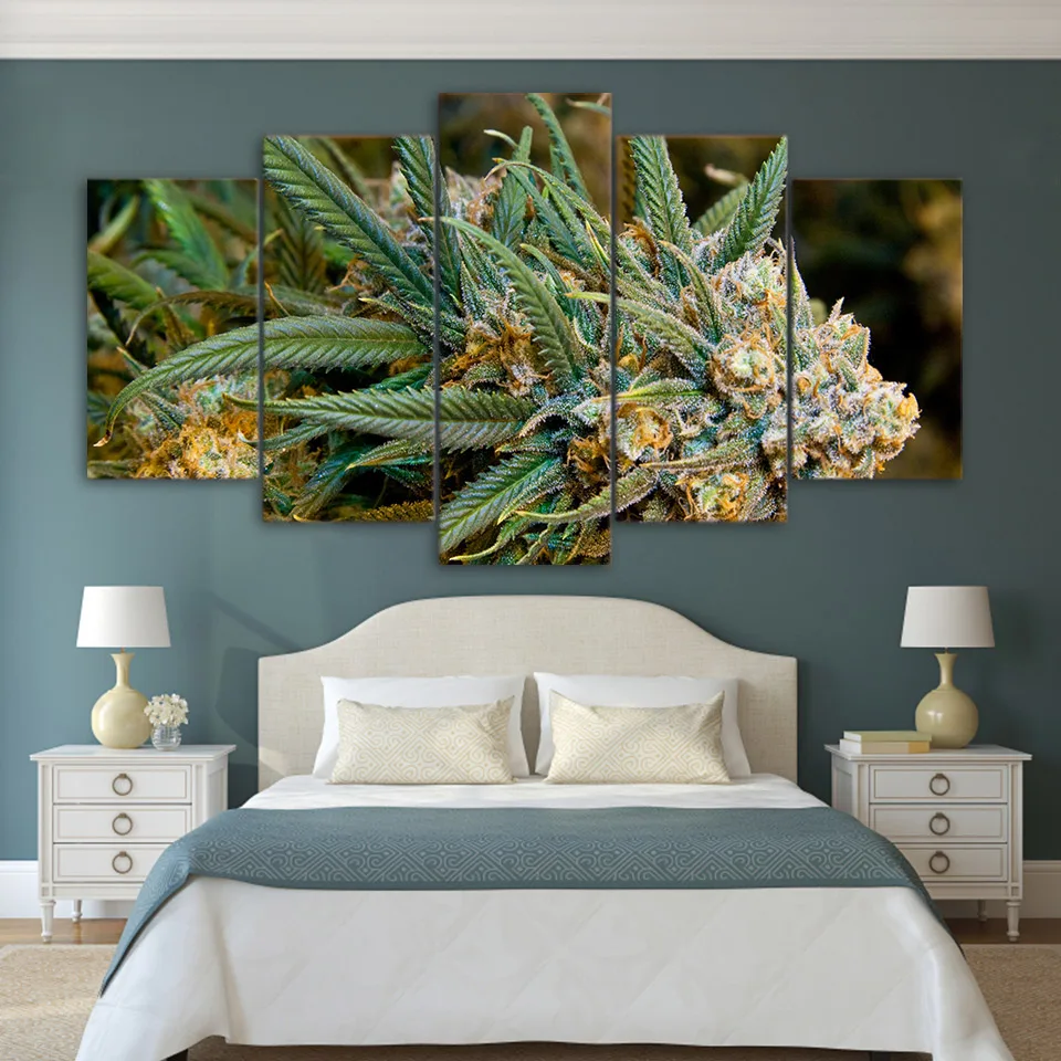 5 Piece Green Leaf Maple Canvas Art HD Print Green Plants Weeds Posters Wall Picture for Living Room Modular Home Decor