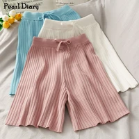 pearl diary women knitted wide rib short pant drawstring waistband casual solid color wide leg opening jogging short pants women