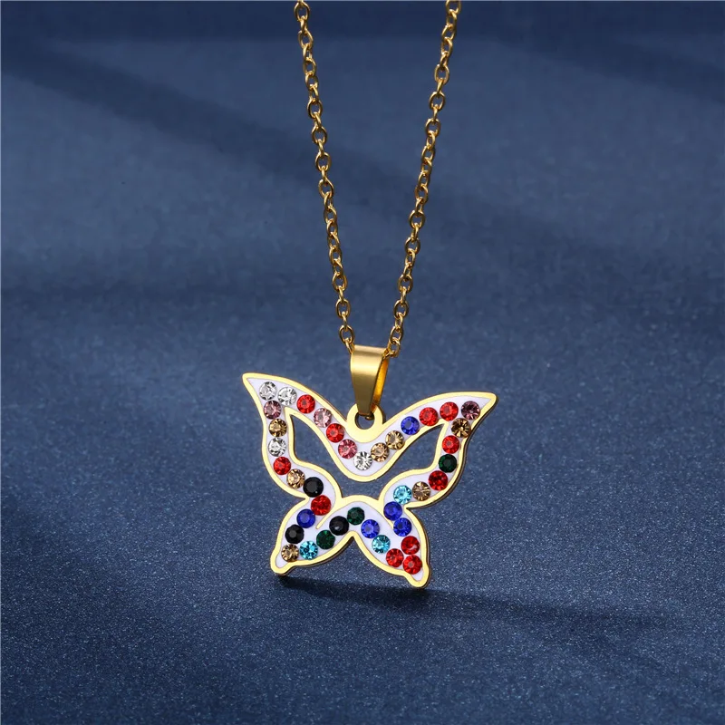 

One Piece Stainless Steel Butterfly Necklace For Women 2021 Trend Colorful Rhinestone Pendant Necklace Fashion Jewelry Gift