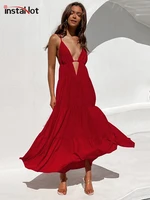 instahot boho v neck red cami long dress backless summer sexy party bohemian beach fashion casual aesthetic female clothing 2022