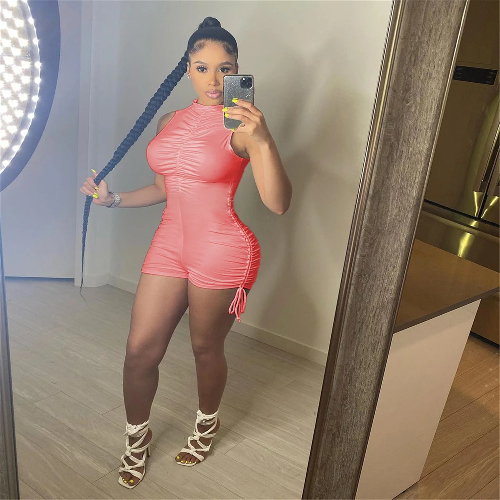 

Q21s841 European and American women's sleeveless vertical collar pleated summer sports zipper mid waist Jumpsuit spot supply