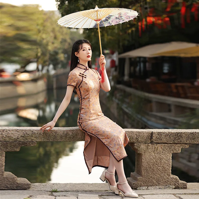 Old Shanghai 2021 Spring and Summer New Retro Improved Small Wide Side Long Eight-button Cheongsam Chinese Dress Traditional