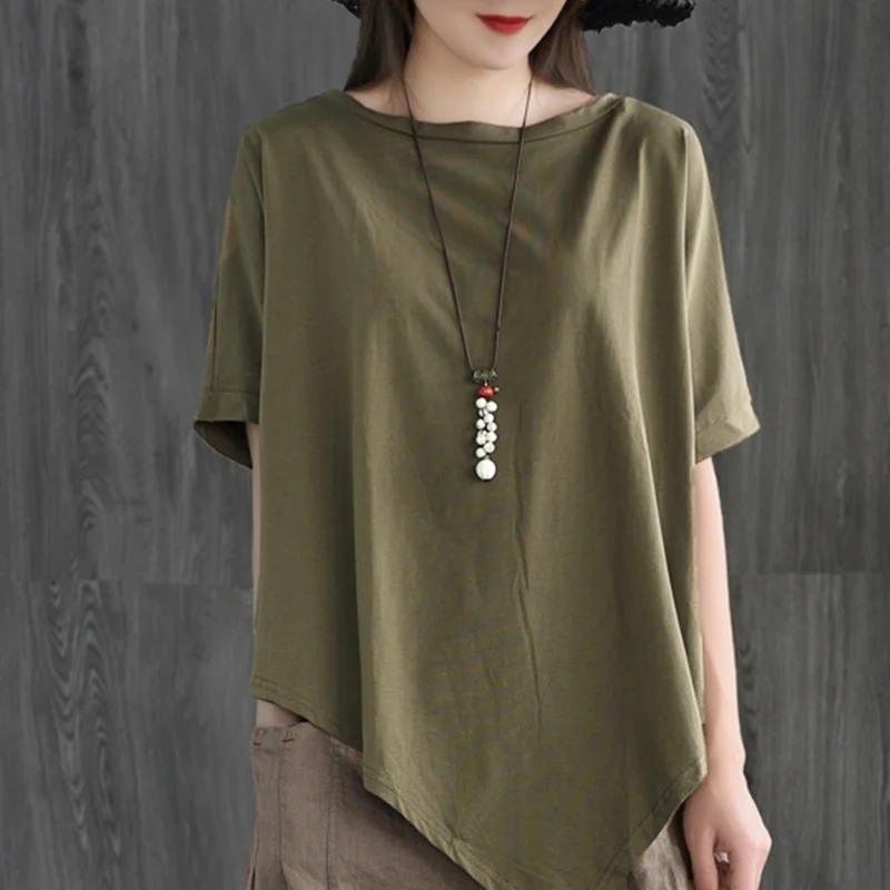 Женские китайские топы Летняя асимметричная Винтажная футболка Женская