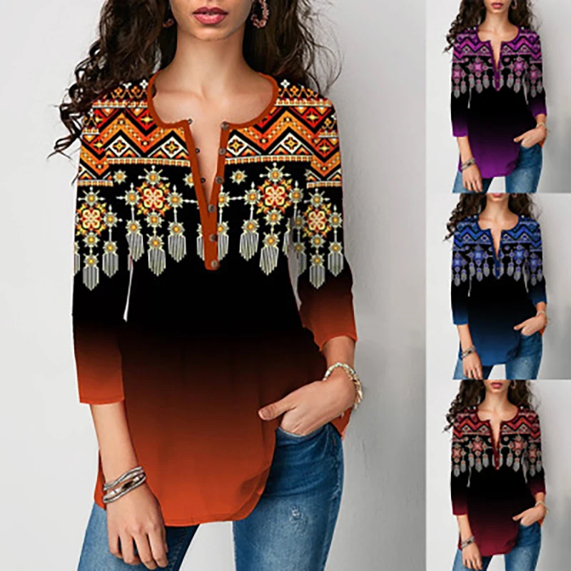 

Shirt Blouse Tops V-neck Button Splice 3/4 Sleeve Spring Summer Casual Loose Women Shirt Plus Size 5XL