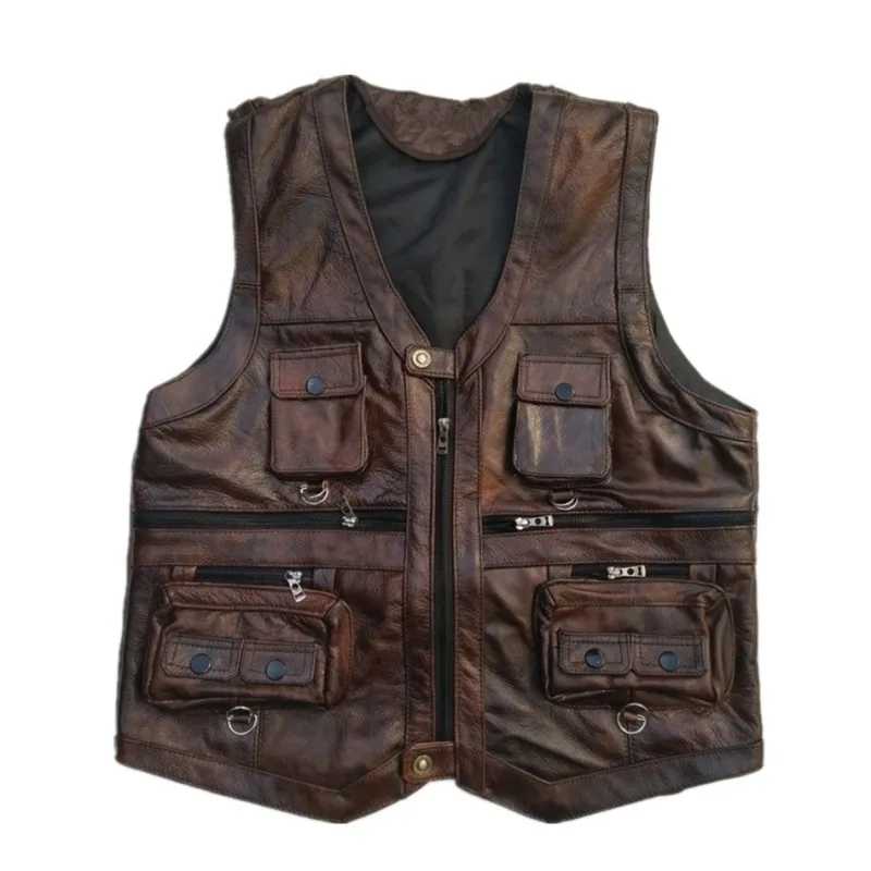 Cowhide Genuine Leather Vest Men Brown Waistcoat Male Sleeveless Jacket Thick High Quality Motorcycle Multi Pocket Zipper | Мужская