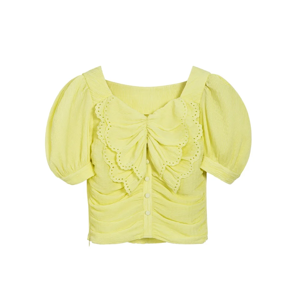 

Big-name summer satin pleated ruffles bowknot ladies tops T-shirts 2021New women's wear fashion party short-sleeved tops pullove