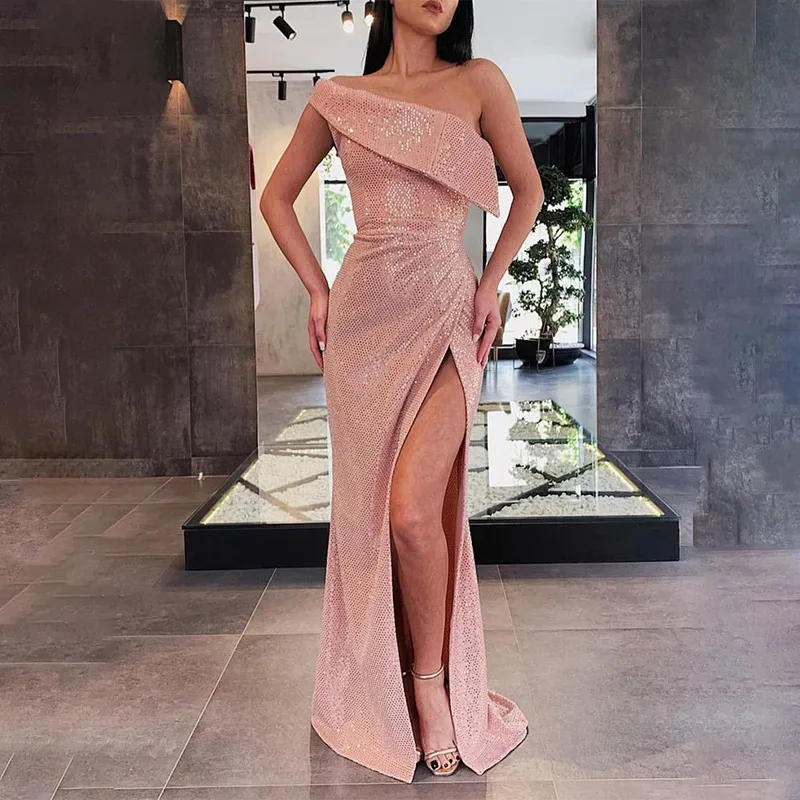 

Robe trapeze rose a paillettes pour femmes, epaules obliques, taille haute, fendue, elegante, tenue de bureau, de soiree