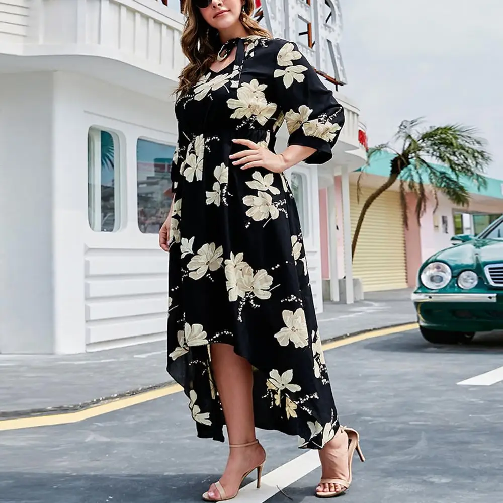 Женское платье с v образным вырезом размера плюс высокой талией ТРАПЕЦИЕВИДНОЕ