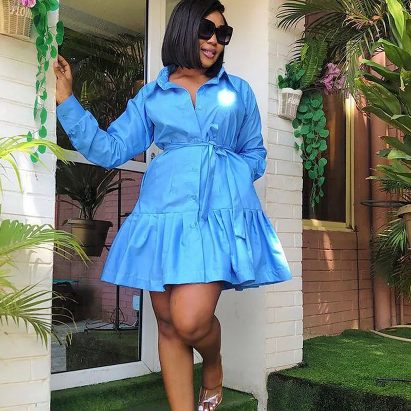 

Autumn Long Sleeve Pleated Shirt Dress Women Turn-Down Collar Single Breasted Casual Dresses Female Ruffles A Line Mini Dress