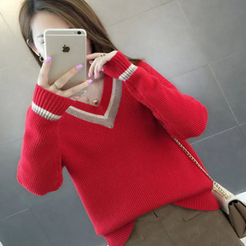 

Women Knitted Sweaters and Pullovers Casual Long Sleeve Women Warm V-Neck Fall Jumper Ladies High Street Autumn Winter Pullover