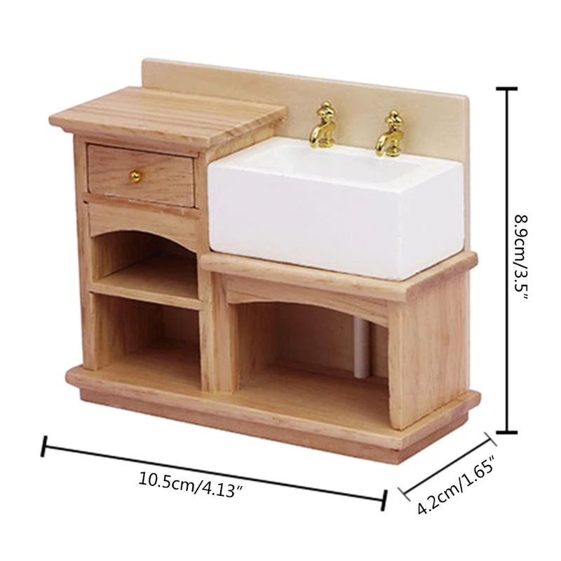 

1/12 Houten Wastafel Kast Met Keramische Hand Sink Miniatuur Meubels Speelgoed Voor Poppenhuis Badkamer Keuken Decoratie