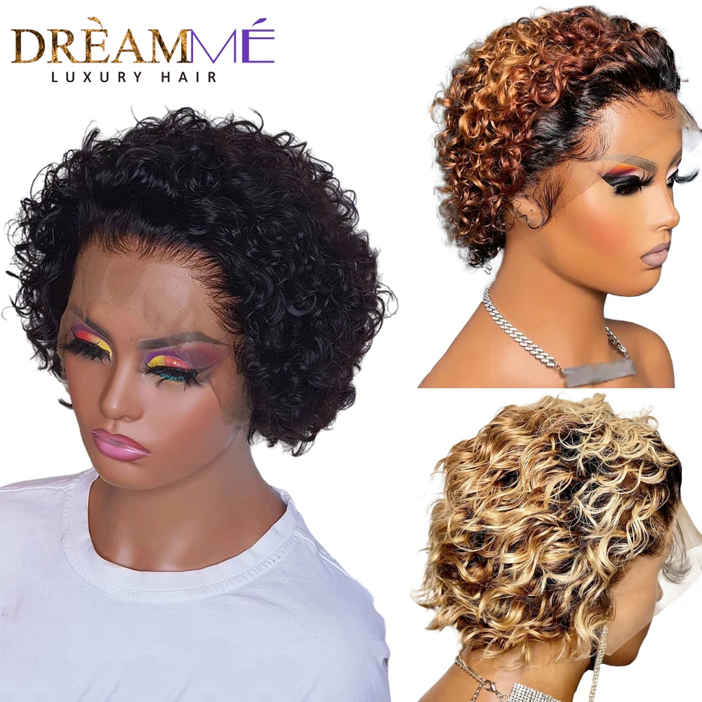 

Short Curly Lace Front Human Hair Wig Brazilian Colored Pixie Cut BoB 13X2 Lace Wig For Women Ombre Blonde Black Jerry Curly Wig