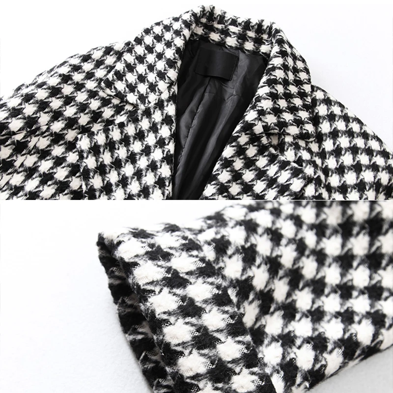 Женское шерстяное пальто в клетку Sllsky Теплое повседневное длинное черно белую с