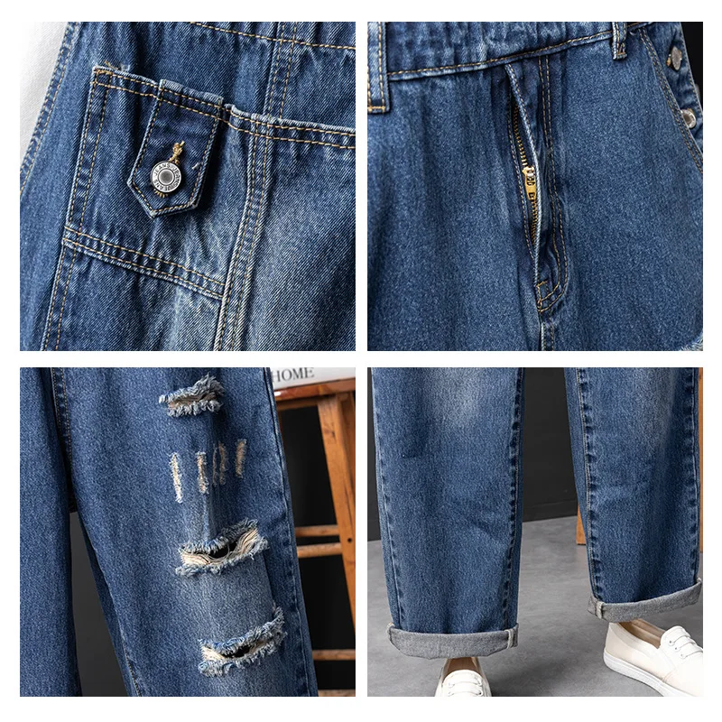 Men Denim Hole Bib Overalls Loose  Fashion Hip Hop Streetwear Jumpsuit Blue Tattered Jeans Homme Pants Freight Trousers