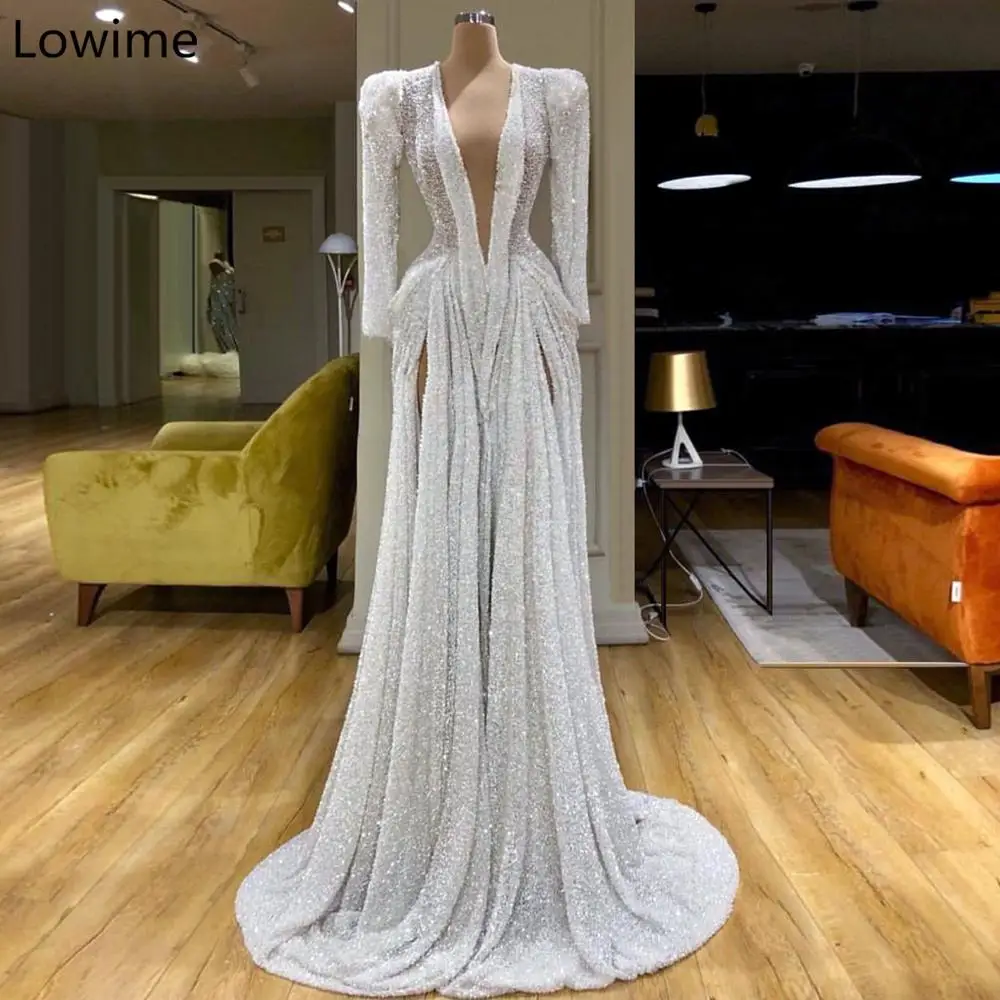 

Middle East White Sequin Celebrity Dresses 2019 Arabic Couture Red Carpet Gowns Turkish Evening Dress Party Long Prom Gowns
