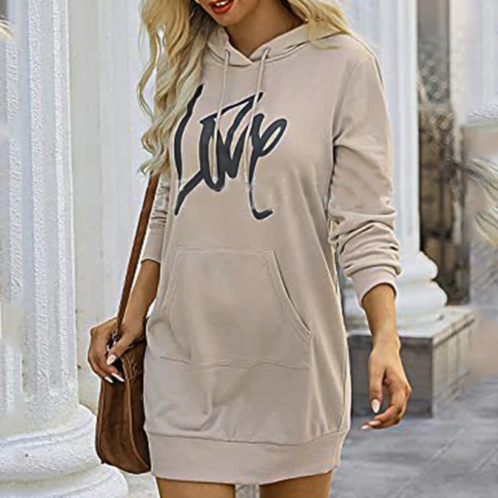 

Толстовка с надписью Love, женское платье-свитшот, повседневный длинный стильный пуловер с карманами, свободное мешковатое платье с капюшоно...