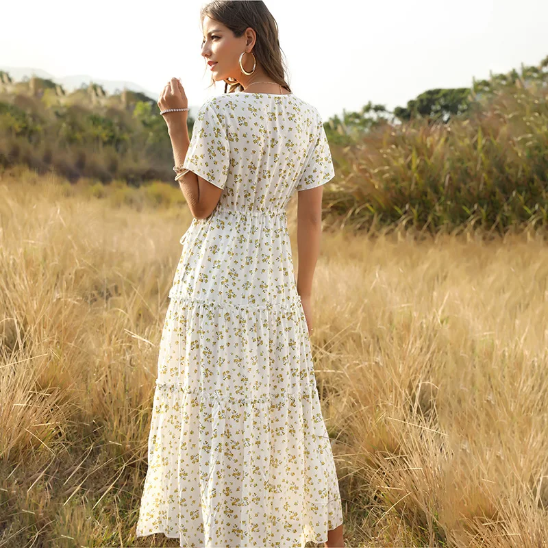 

2021 New Spring Women's Bohemian Ruffled Floral Printed Dress Sexy Boho Style Deep V-neck Long Summer Dress