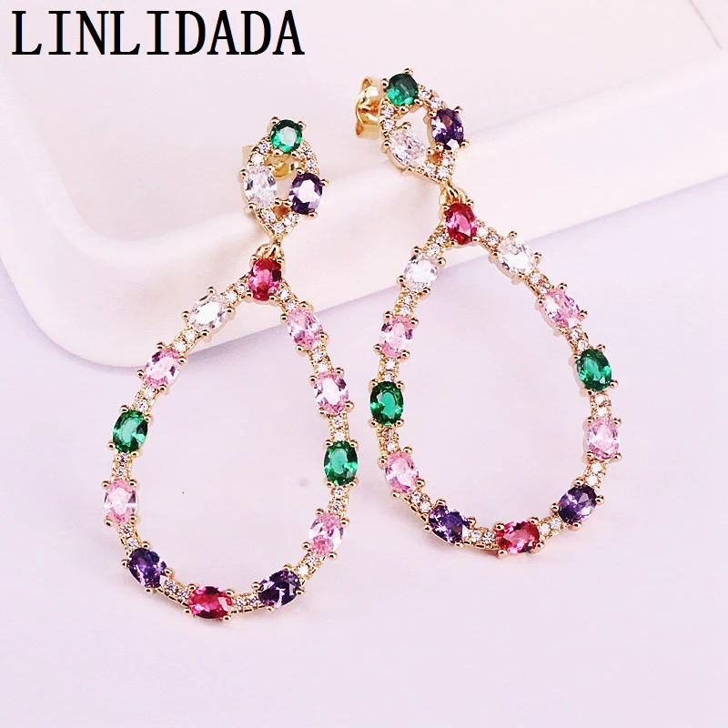 

5 пар, Разноцветные серьги-подвески с фианитами