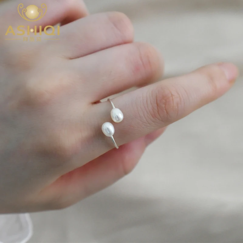 ASHIQI Real Natural Freshwater Double Pearl Ring 925 Sterling Silver Jewelry for Women New Gift