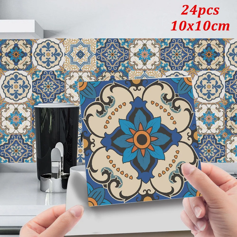 

24pcs Vintage Pattern Print Tiles Sticker Kitchen Self Adhesive Wall Tile Paint Stickers PVC Waterproof Home Decor 10x10cm