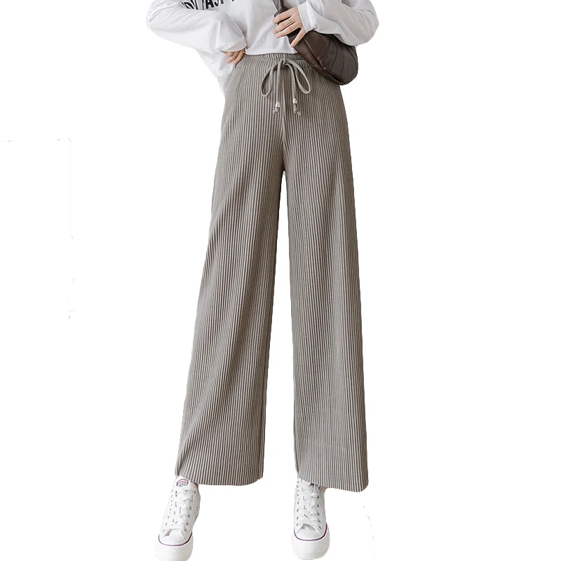 

women knitting wide leg pant 2020 autumn winter new fashion loose casual trousers pleated pant high waist elastic knitted pants