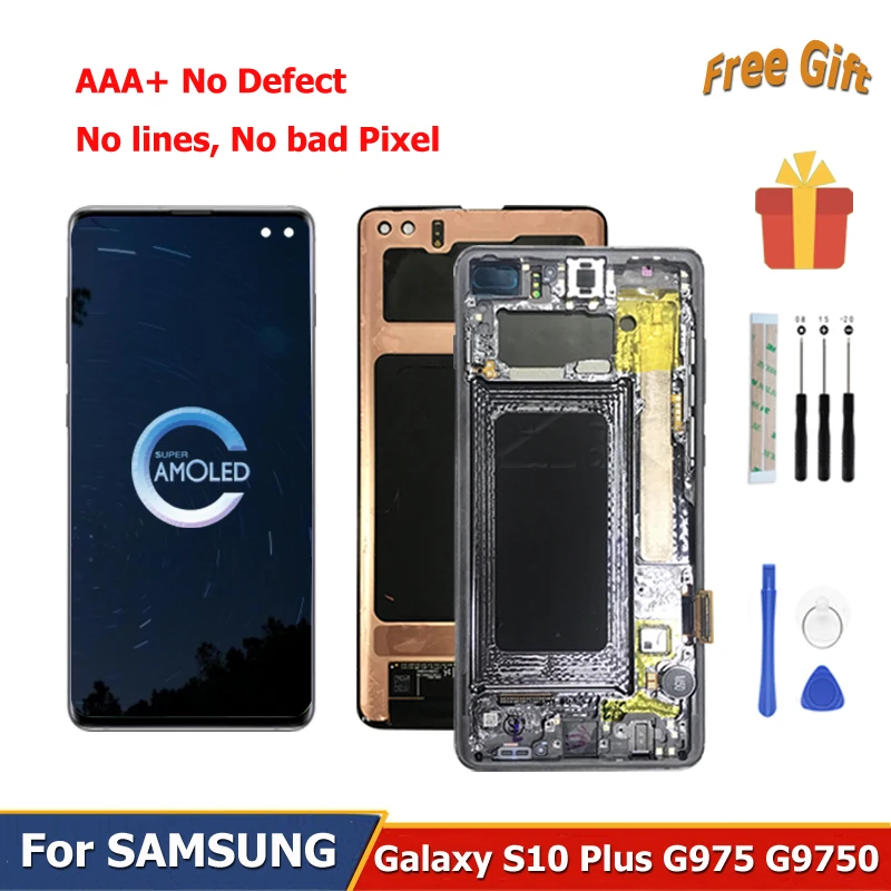 Pantalla LCD de 6,4 pulgadas para SAMSUNG Galaxy S10 PLUS G975F, piezas de repuesto, digitalizador completo con Marco, G9750, G975u, G975fd-0