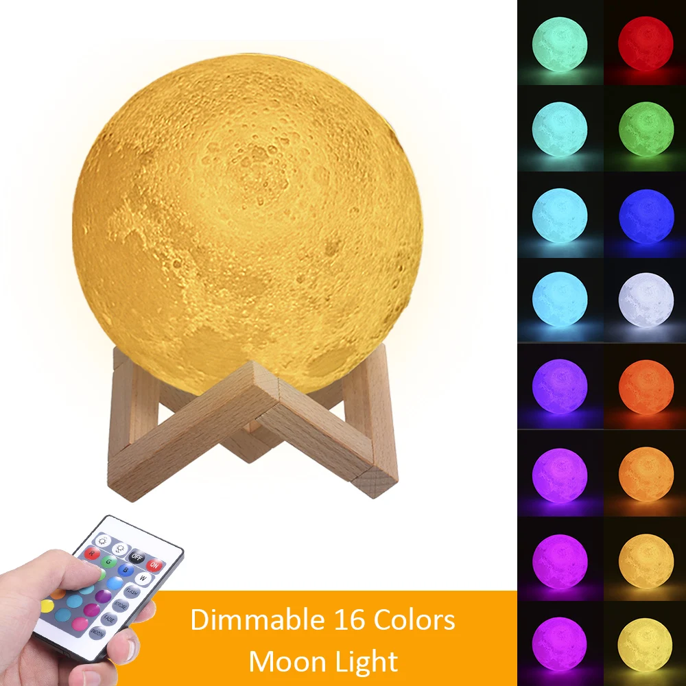 Светодиодный светильник в форме Луны с деревянной подставкой приглушаемая