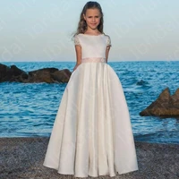 2021 latest lovely ivory flower girls dresses lace jewel neck short sleeves kids party gowns floor length bow belt on sale
