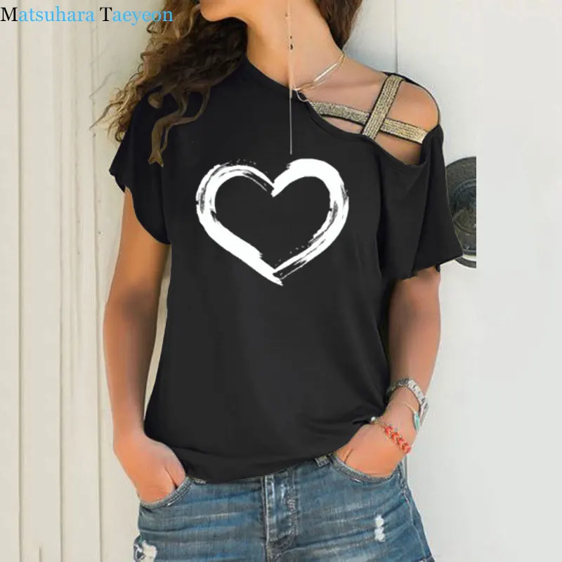 

Fashion Heart Print Women T Shirt Short Sleeve Loose Tshirt Summer Tee Tops Irregular Skew Cross Bandage Female Camisetas Mujer