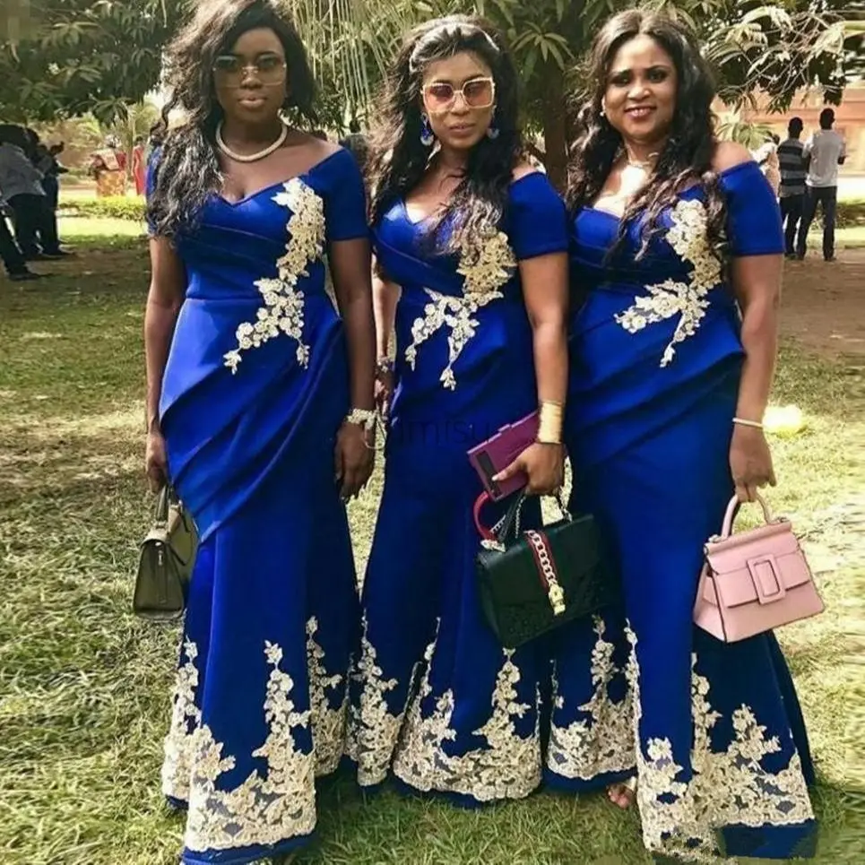 

2021 Royal Blue Mermaid Bridesmaid Dresses Off Shoulder Short Sleeve Draped Appliques Plus Size Wedding Guest Gowns Maid of Hon