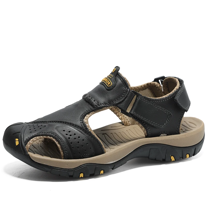 Genuine Leather Men's Sandals Summer Breathable Sandals Beach Casual Shoes Thick Sole Closed Toe Aqua Shoes for Hiking Fishing