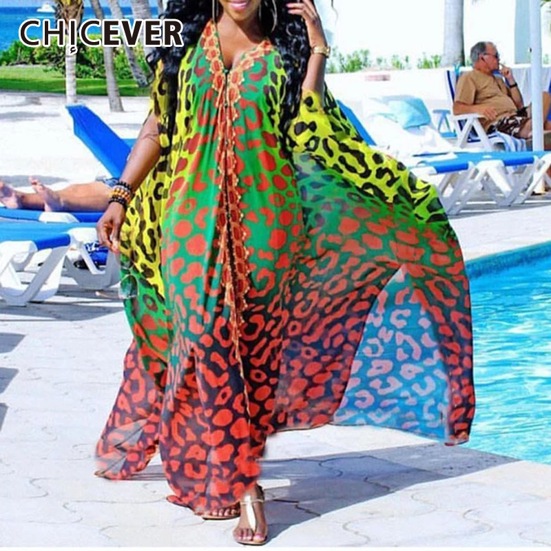 

CHICEVER Sexy Print Dot Dress For Women V Neck Long Sleeve Single Breasted Hit Color Floor Length Dresses Female 2021 Clothing