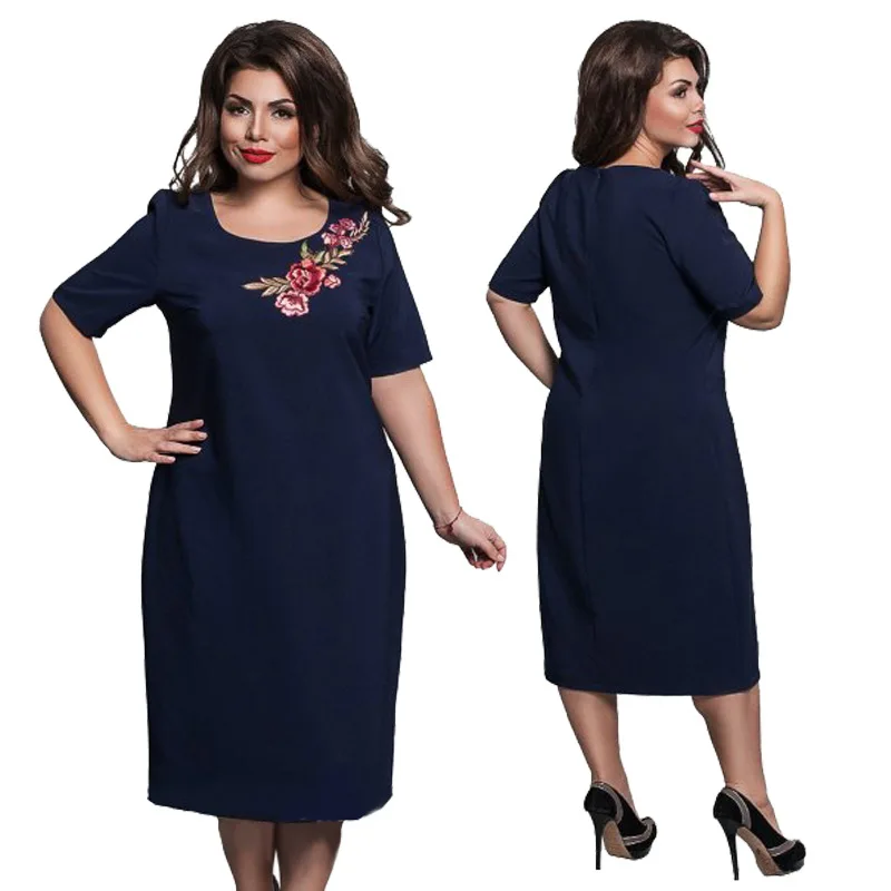 Office Lady Big Size Dress Fashion Summer Embroidery Flower Midi Dresses Women's Plus Elegant Straight Large 6XL | Женская одежда