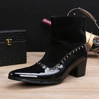 fashion luxury mens high heels genuine leather ankle boots studded men italian business dress shoes pointed toe cowboy boots