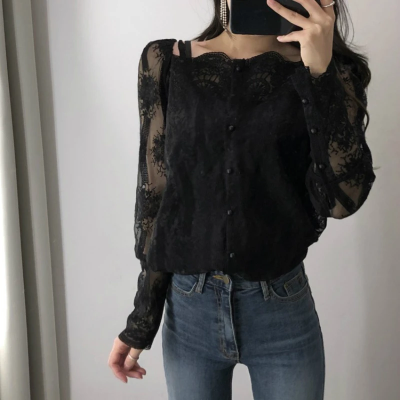 Женский кружевной топ с открытыми плечами Повседневная Блузка длинным рукавом