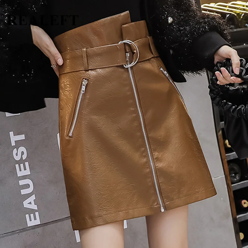 REALEFT Осенняя зимняя уличная мини юбки с высокой талией на молнии покрытие из