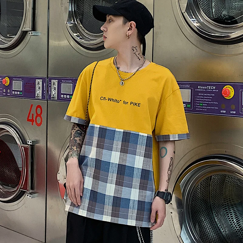 Мужская клетчатая футболка SingleRoad желтая большого размера в стиле хип-хоп