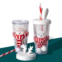 christmas gift mug juice milk mug kawaii animals plastic cup with straw and lid double wall water bottle for drinking