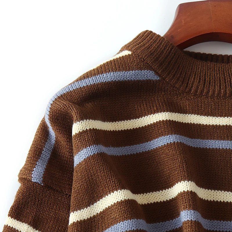 Полосатые винтажные свободные акриловые вязаные свитера с круглым вырезом