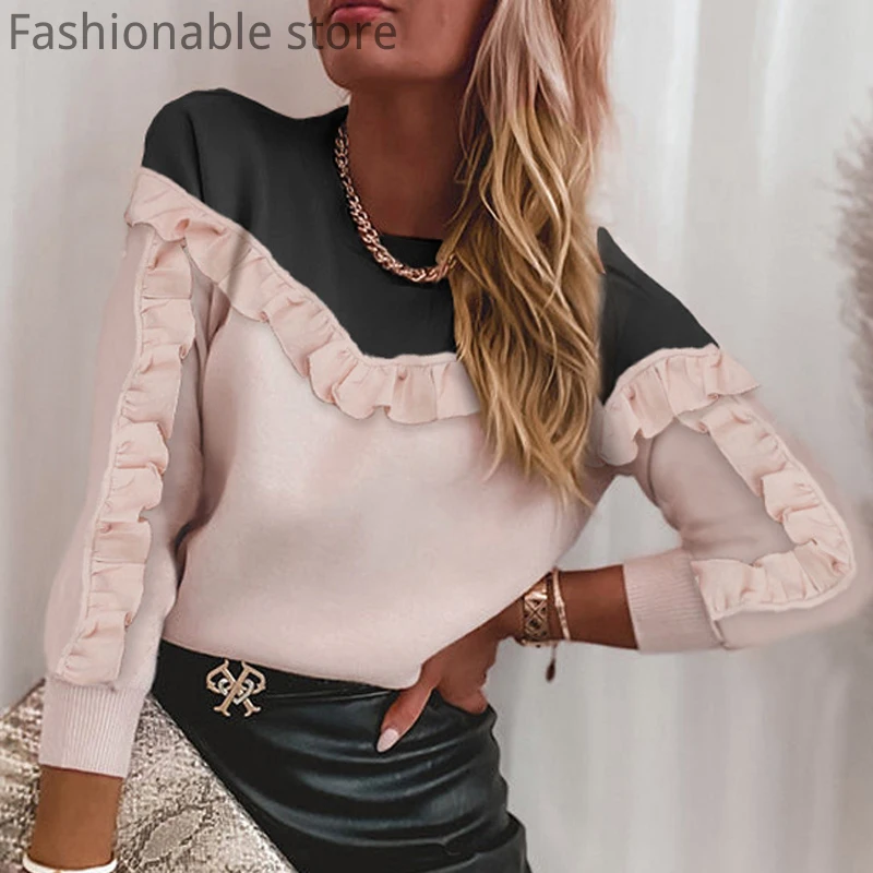 

Women Round Neck Colorblock Ruched Ruffles Long Sleeve Pullover Top