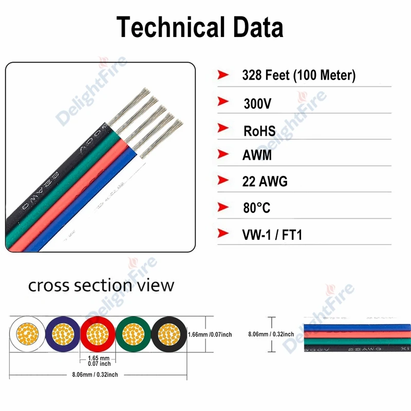 1 м 5 контактный кабель соединительный для светодиодной ленты 0 3 мм 2 ядра