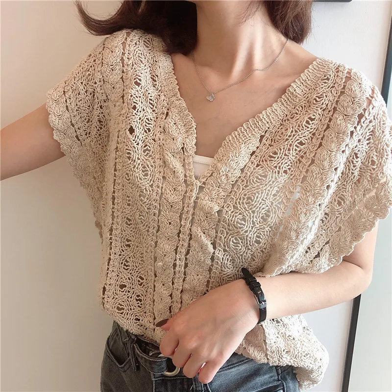 

Summer Hollow Out T-shirts Women Summer Loose Vintage Knit Tops Female Lace Short Ladies Casual Crochet Tops Lady
