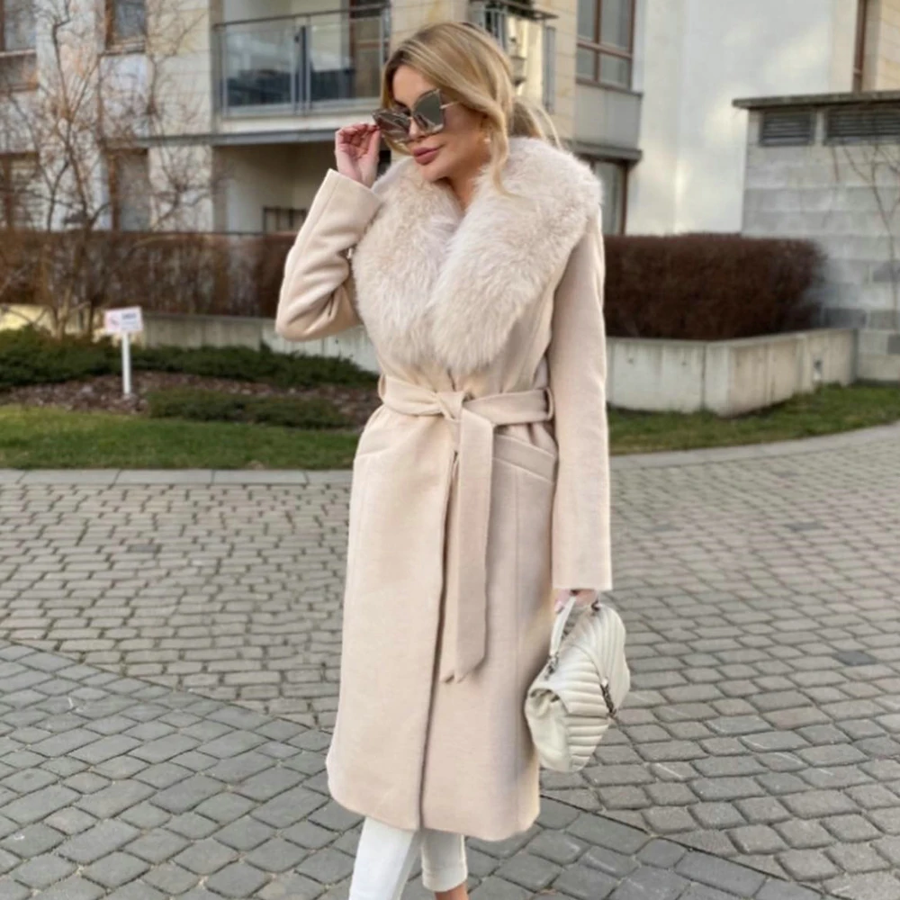 Women's Real Fox Fur Collar Cashmere Coats 2022 Winter Fashion Genuine Whole Skin Fox Fur Wool Blends Coat with Belt Slim Women