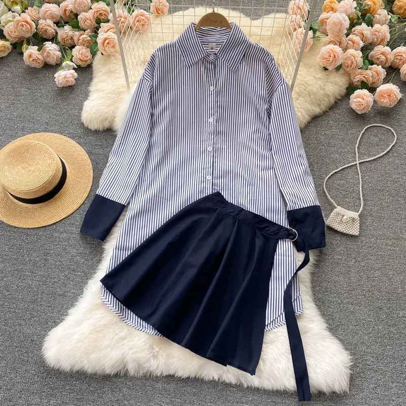 

Autumn Korean 2 Piece Set All-match Turn-down Collar Patchwork Loose Striped Shirt Dress +Chic Wrap Pleated Skirt Women New Suit