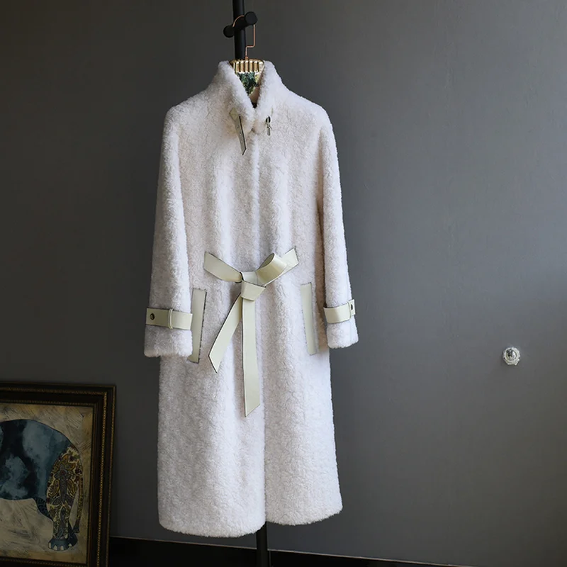 Женское длинное пальто с овчиной шерстяное в Корейском стиле A0056 KJ3491 Осень-зима