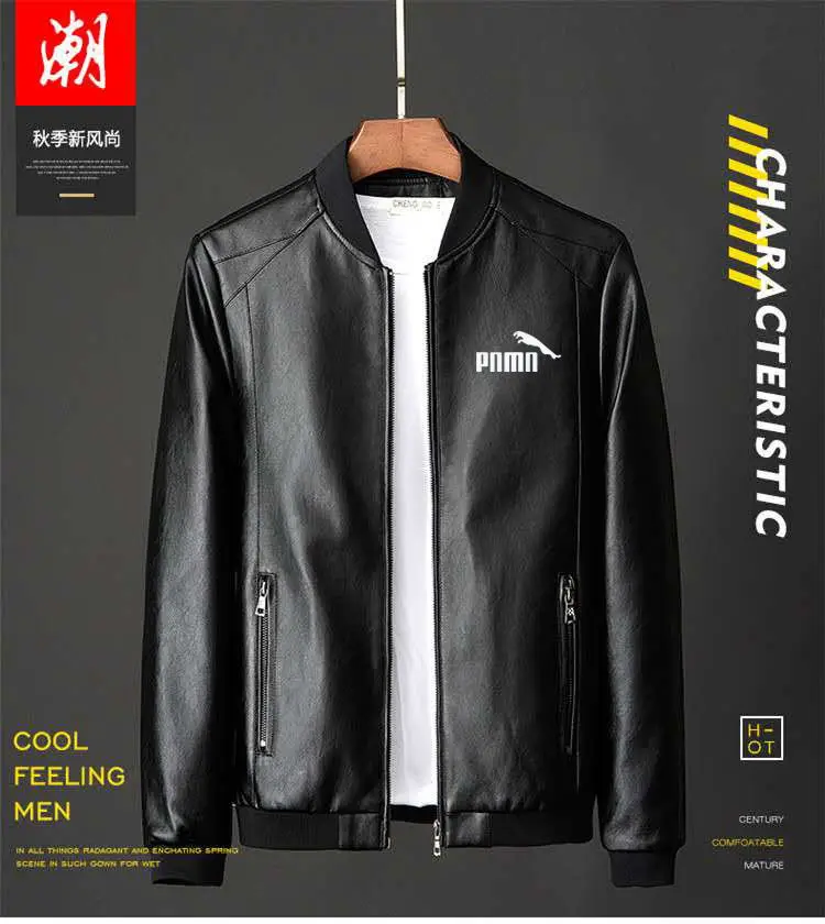 

2021 men's punk jacket solid color casual leather clothing trend handsome motorcycle punk style round neck jacket