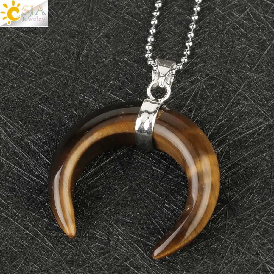 Tiger Eye Chain Csja натуральный хрустальный каменный кулон серебряного цвета ожерелья полумесяц двойная Подвески в виде рога для женщин и мужчин целебные ювелирные изделия G159 - Окраска металла: Tiger Eye Chain