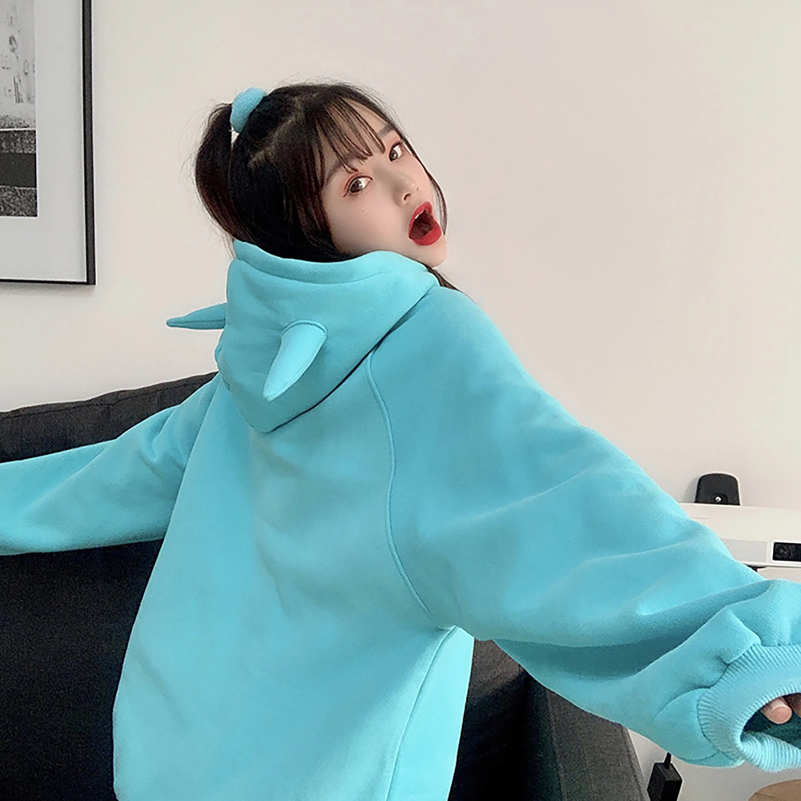 

Women Autumn Winter Long Sleeve Hoodie Cute Ox Horn Hood Oversize Sweatshirt