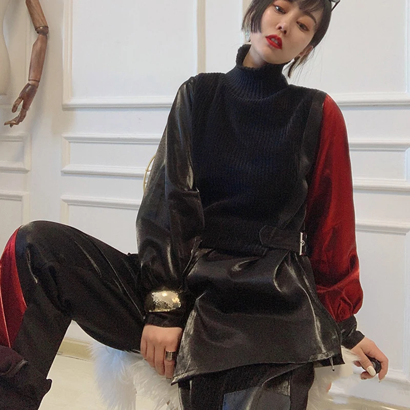 

XITAO Patchwork Hit Color Casual Women's Sets Vintage Fashion New Style Turtleneck Collar Long Sleeve Pullover Elegant WLD6000