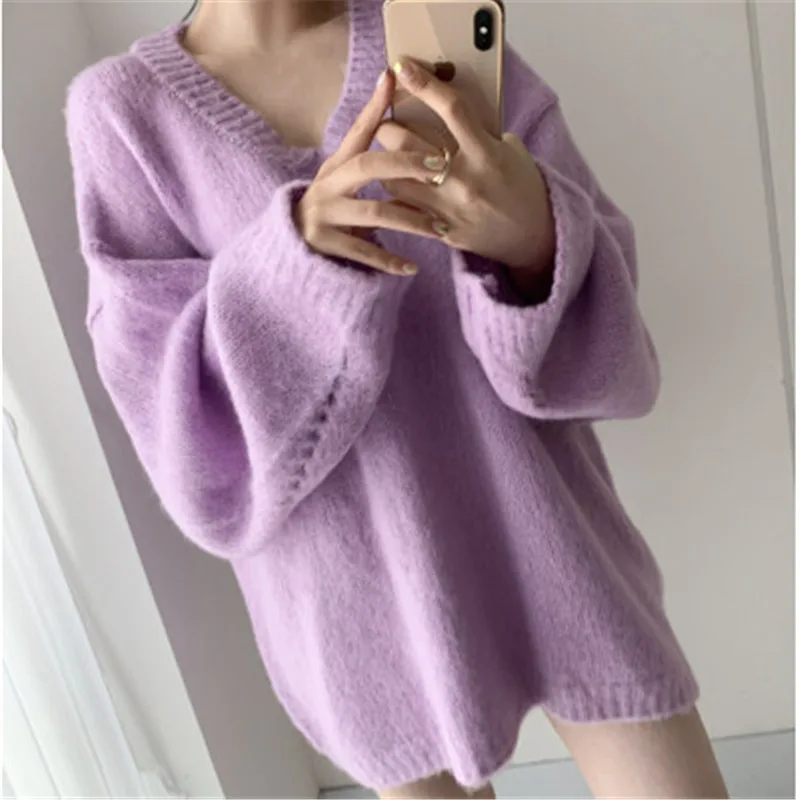 

V-neck Sexy Off-shoulder Simple Soild All-match Candy Colors Pullovers for Ladies Elegant Casual Fashion Batwing Sleeve Sweaters